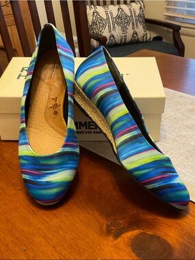 Ros Hommerson Blue, Green & Pink Striped Espadrille Wedges